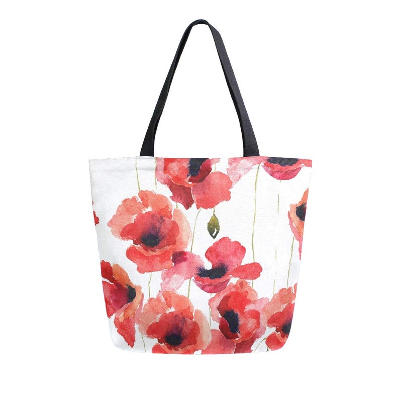 Naanle Poppy Flowers Canvas Tote Bag - Large Women's Casual Shoulder Handbag, Watercolor Poppy Reusable Multipurpose Heavy Duty Shopping Grocery Cotton Bag for Outdoors - Image 1
